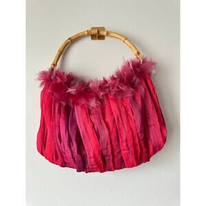 Vintage 90s  Far Nine Pink Ombre Bamboo Handle Feather Trim Ruched Handbag
